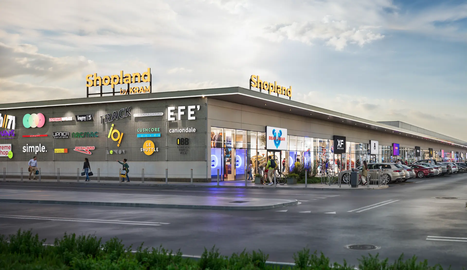 Wizualizacja parku handlowego SHOPLAND Kęty — widok od strony wejść
